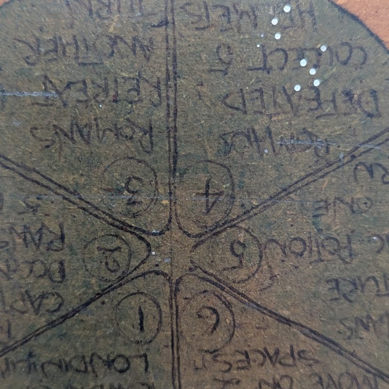 The green fate wheel, six hand-written outcomes.