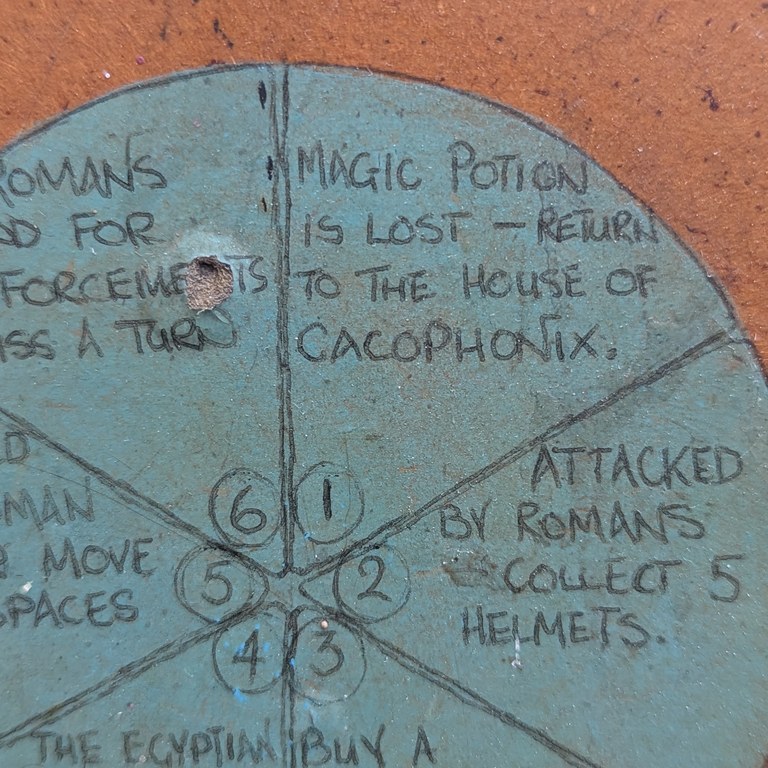 The grey fate wheel, six hand-written outcomes.